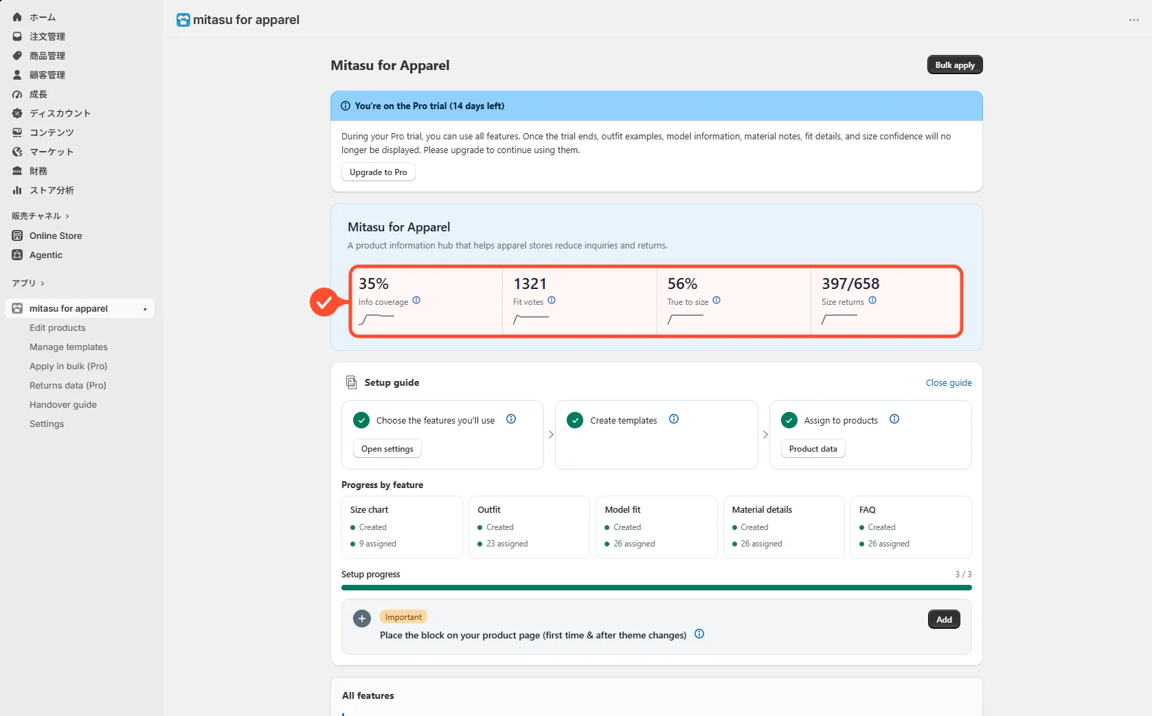 The Dashboard's progress, returns-reduction funnel, and setup guide