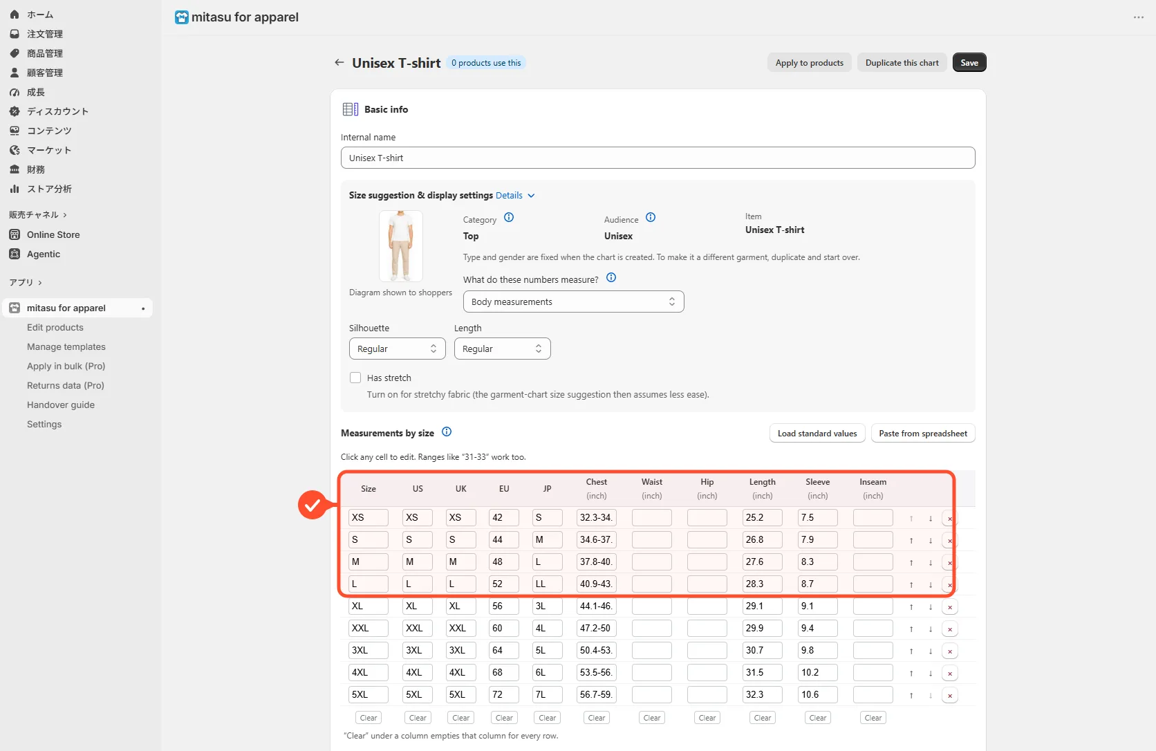 Editing values in the size-chart editor
